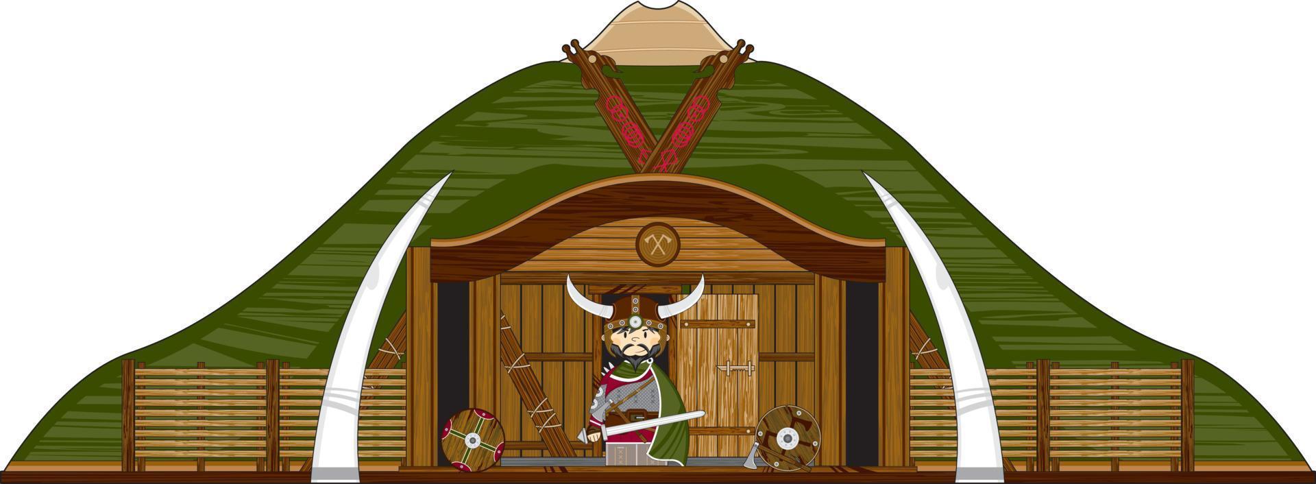 Cute Cartoon Viking Warrior at Homestead Norse History Illustration vector