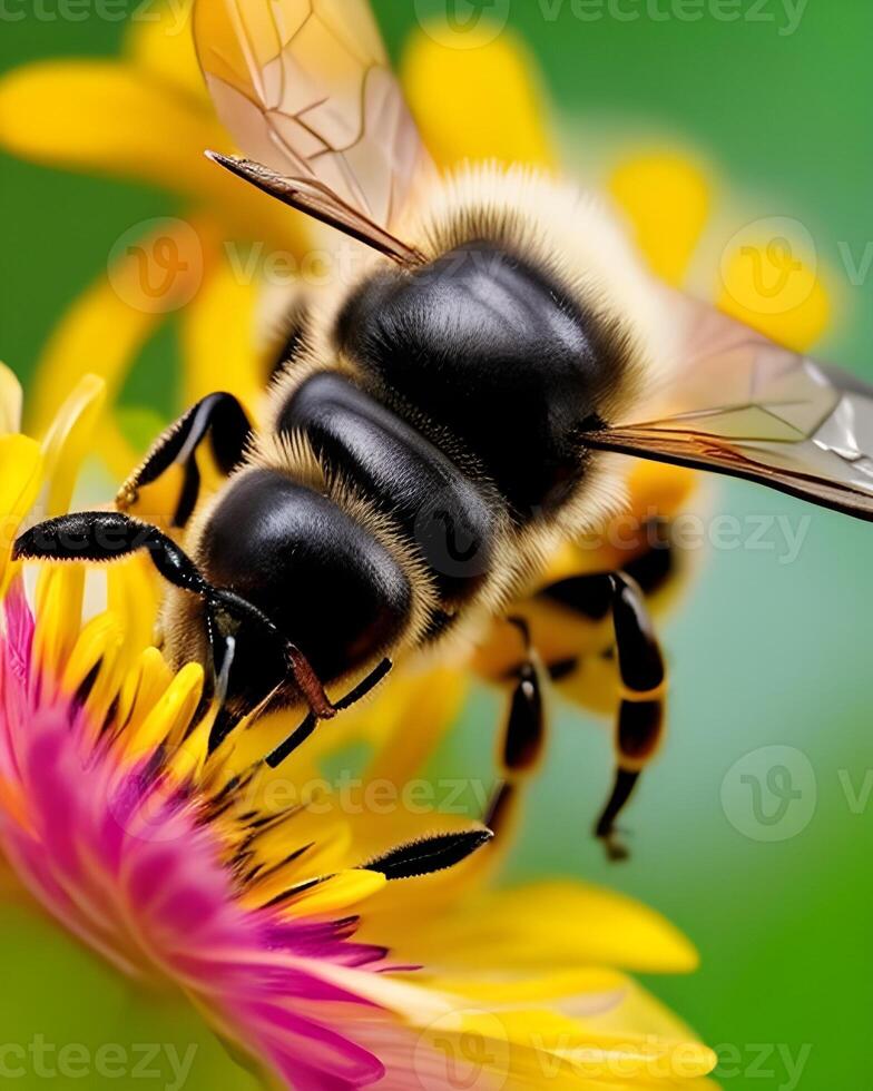 close up shot of bee pollinating flower. . photo