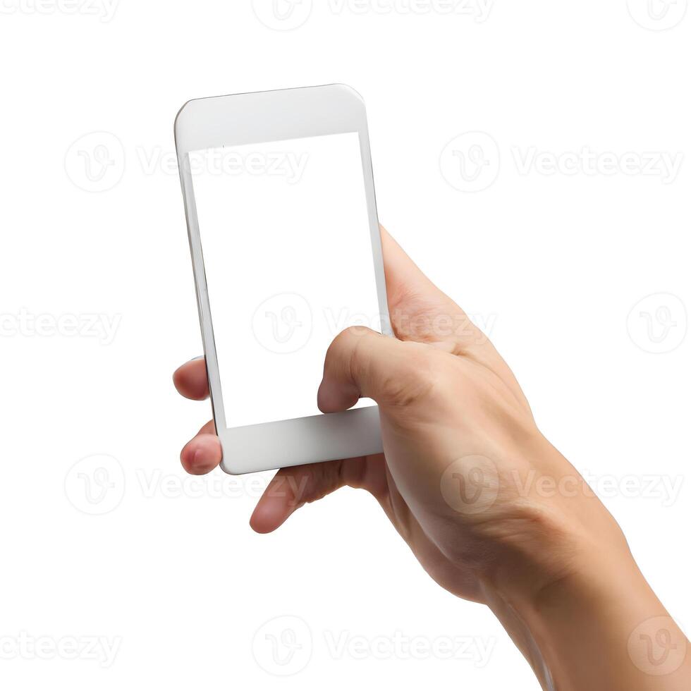 Hand holding smartphone with blank screen. . photo