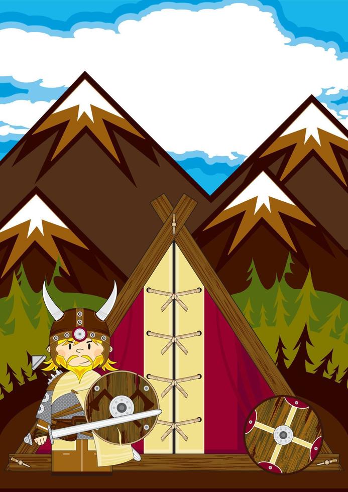 Cute Cartoon Viking Warrior and Tent Norse History Illustration vector