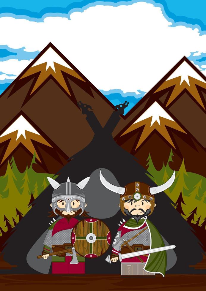 linda dibujos animados vikingo guerreros y tienda nórdico historia ilustración vector