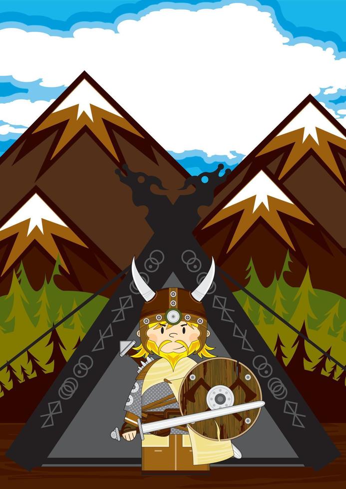 Cute Cartoon Viking Warrior and Tent Norse History Illustration vector