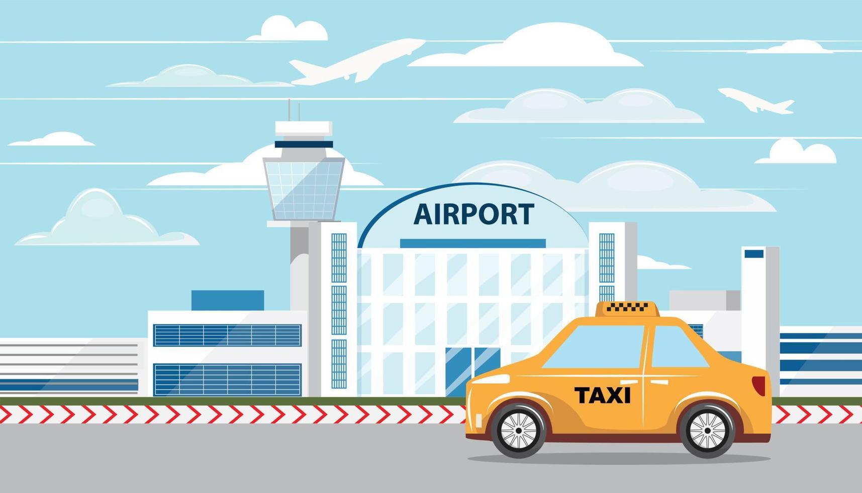 Illustration of a yellow taxi driving next to the airport building. vector