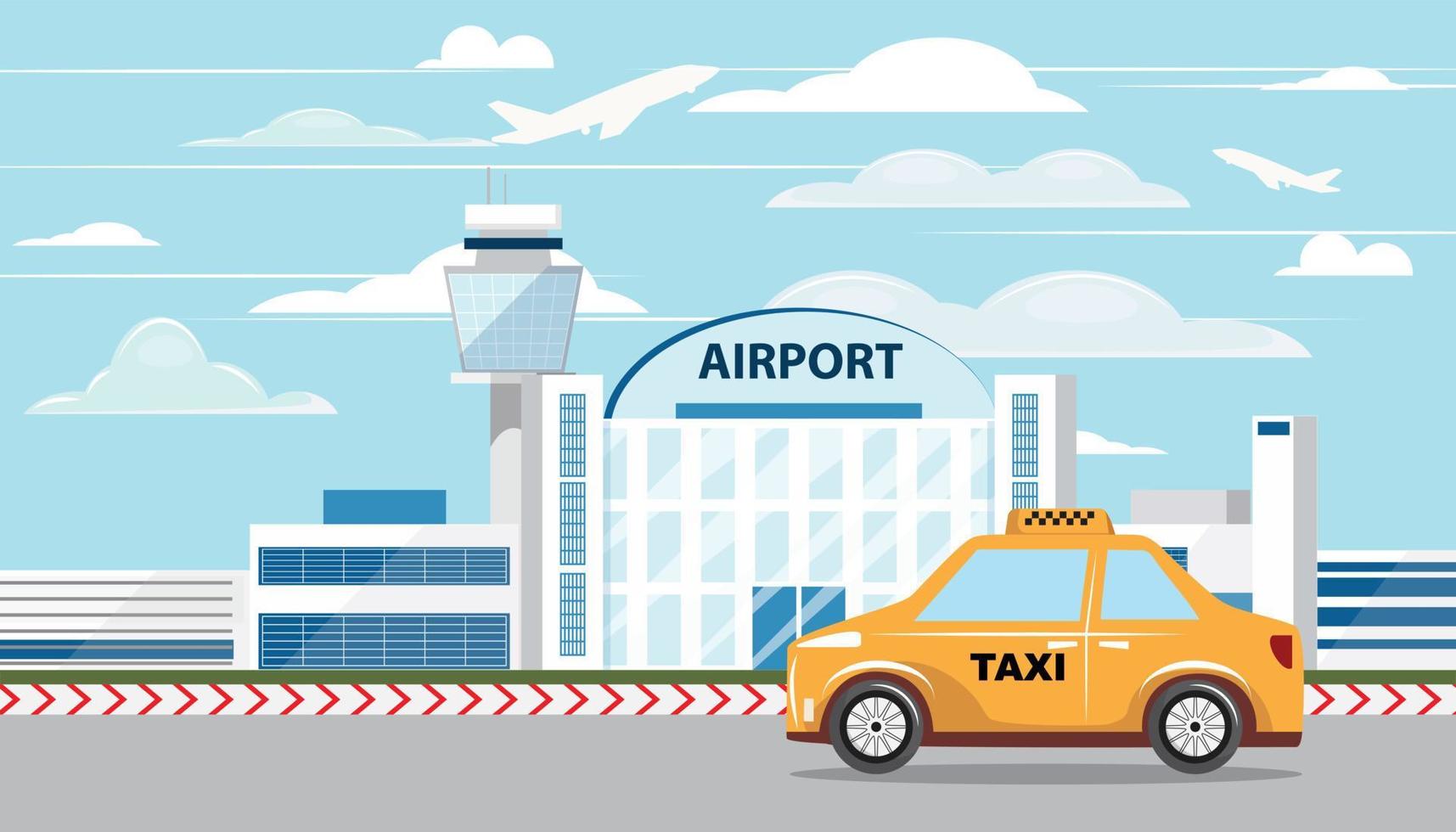 ilustración de un amarillo Taxi conducción siguiente a el aeropuerto edificio. vector