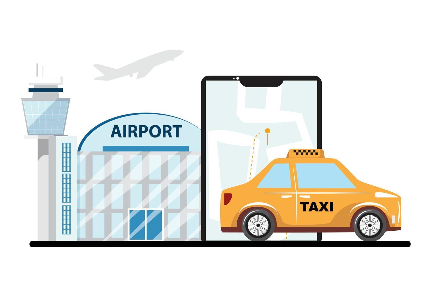 Flat illustration of a taxi next to the big cellphone and airport building on the background. vector