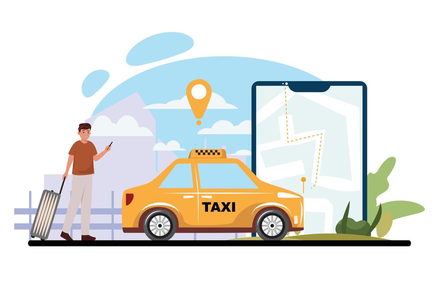 Man next to the taxi car and a big cellphone. vector