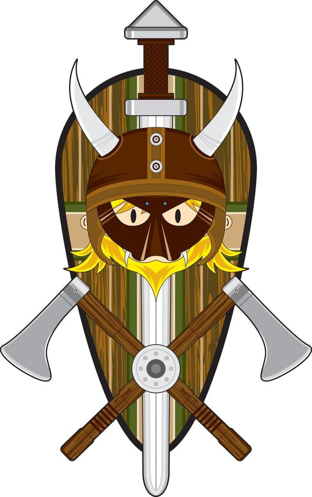 Cute Cartoon Viking Warrior with Shield and Axe Norse History Illustration vector