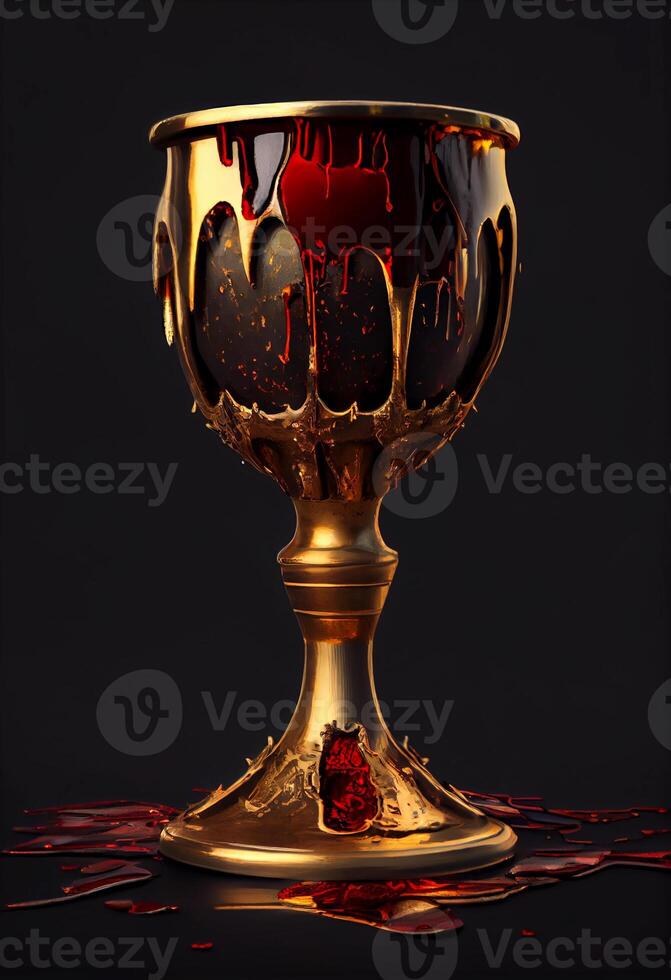 golden medieval goblet with blood stains. photo