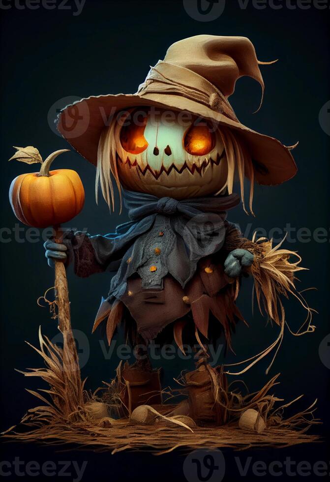 saw scarecrow for scaring away the varon. scarecrow with a pumpkin instead of the head. photo