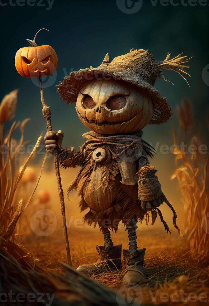 saw scarecrow for scaring away the varon. scarecrow with a pumpkin instead of the head. photo