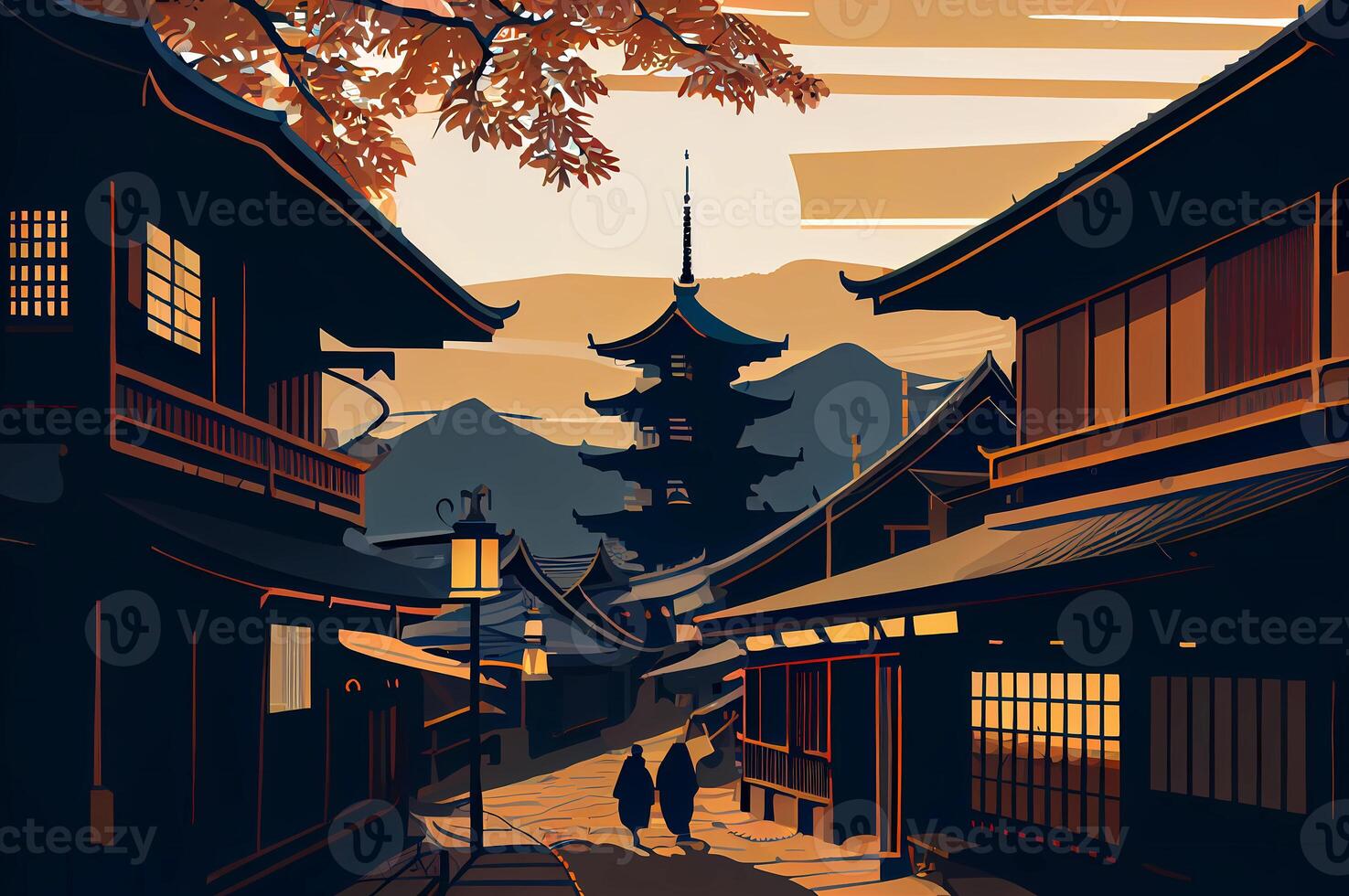 old japanese village flat illustration. photo