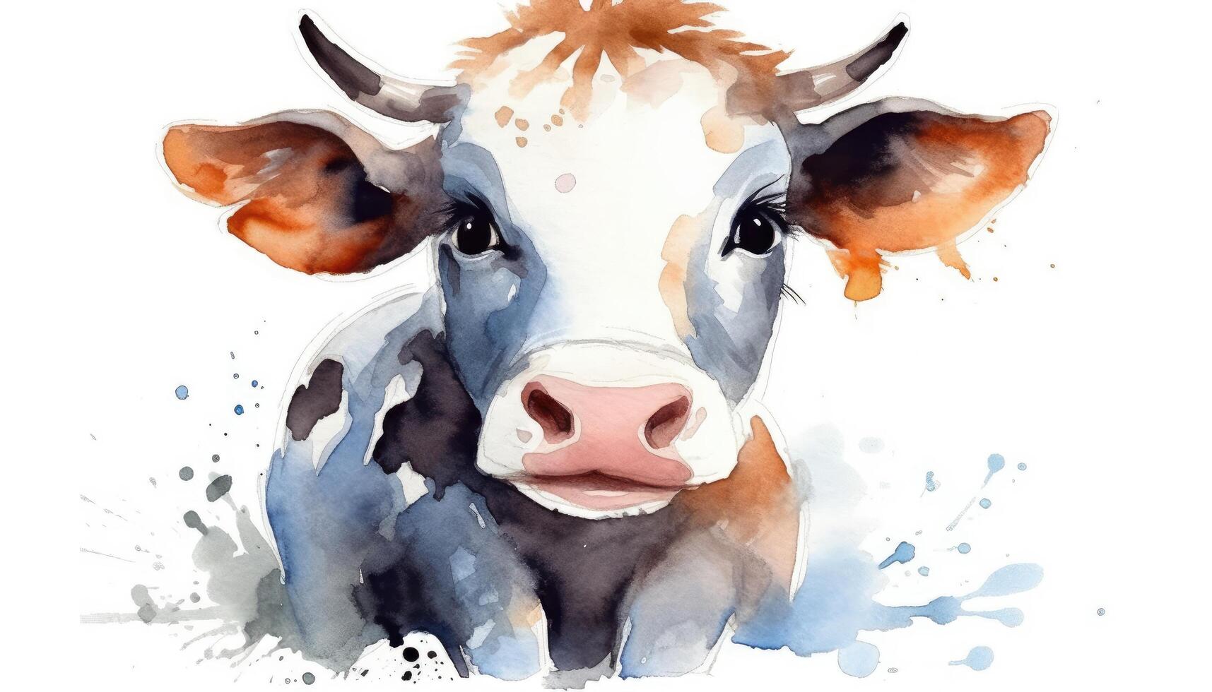 Watercolor cute cow white background with photo