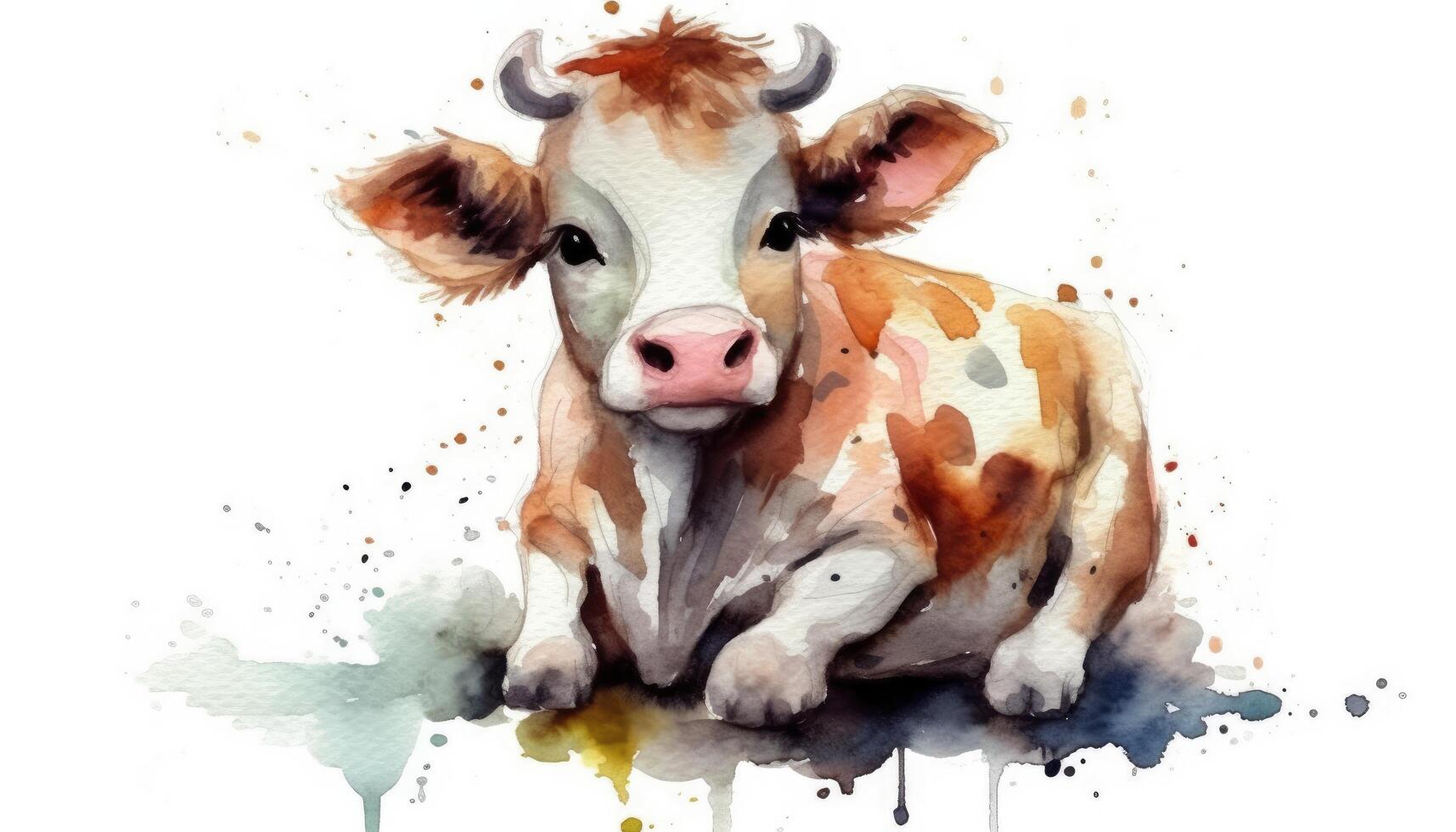 Watercolor cute cow white background with photo