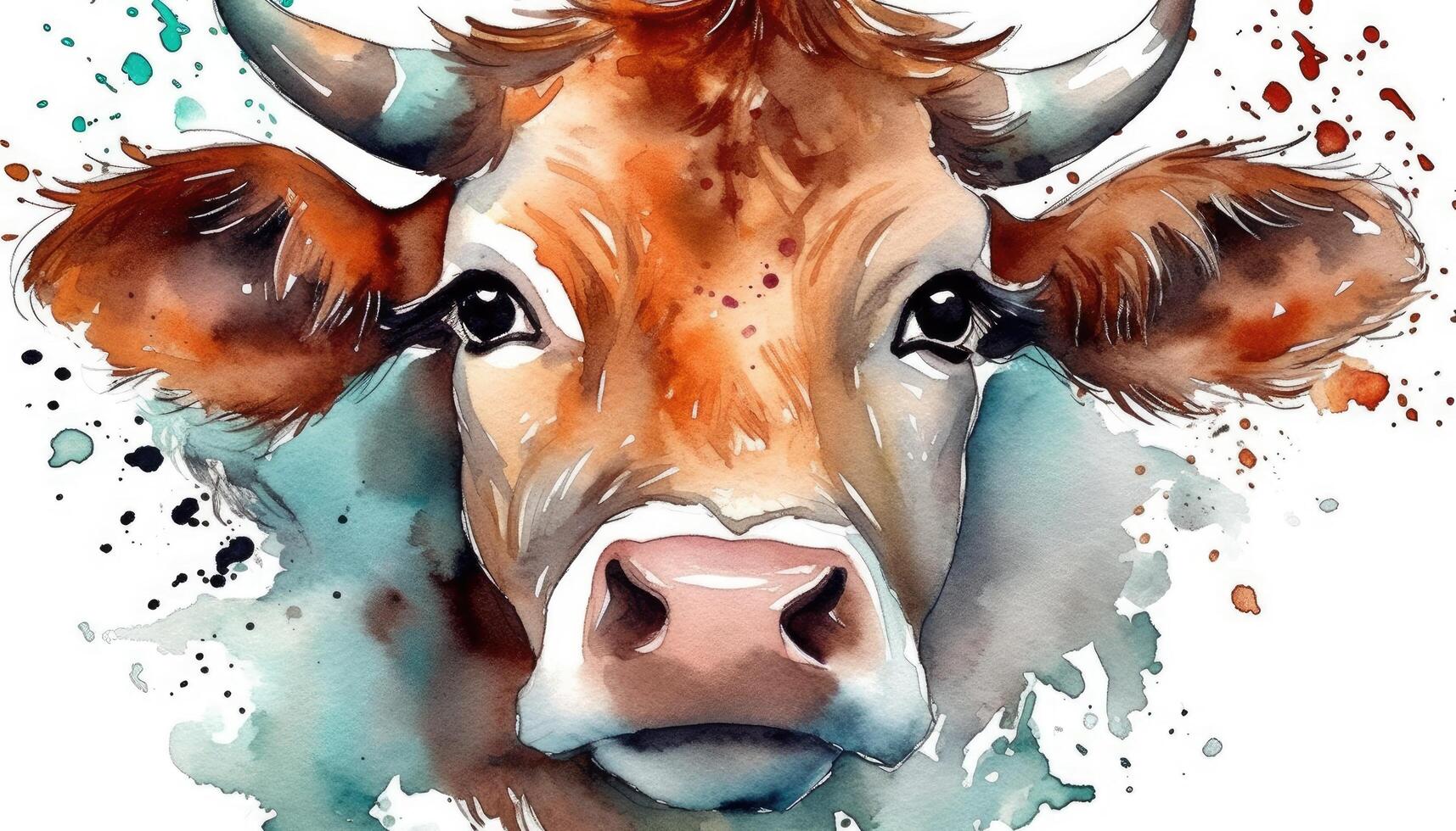 Watercolor cute cow white background with photo