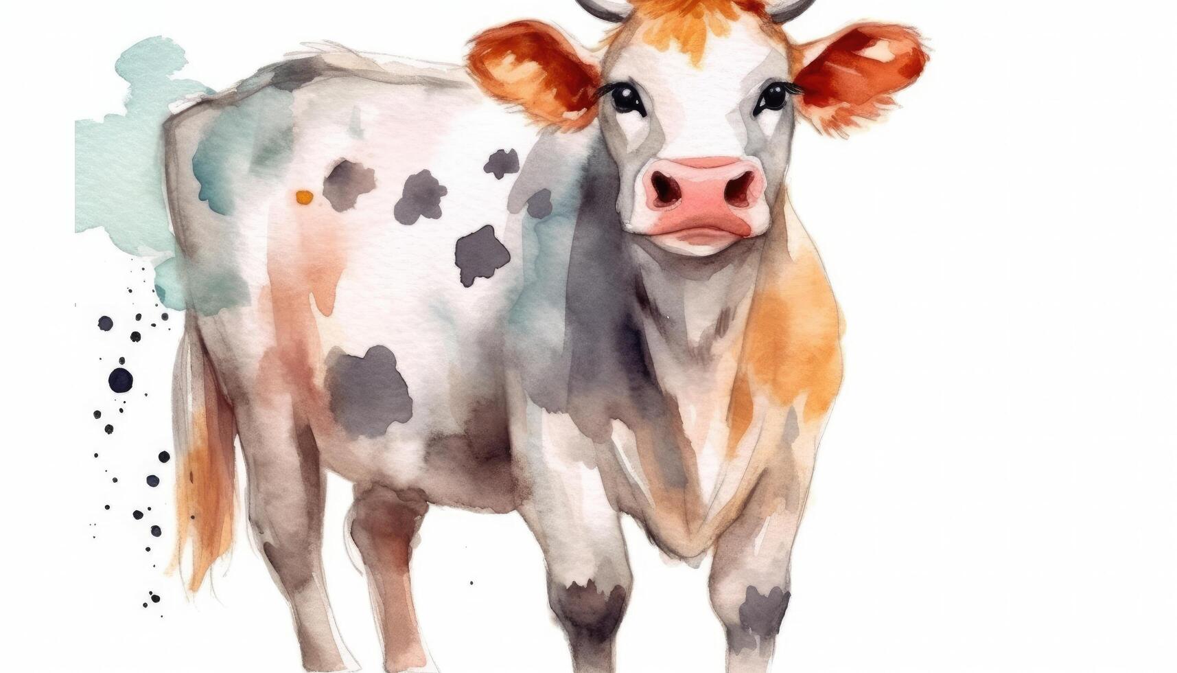 Watercolor cute cow white background with photo