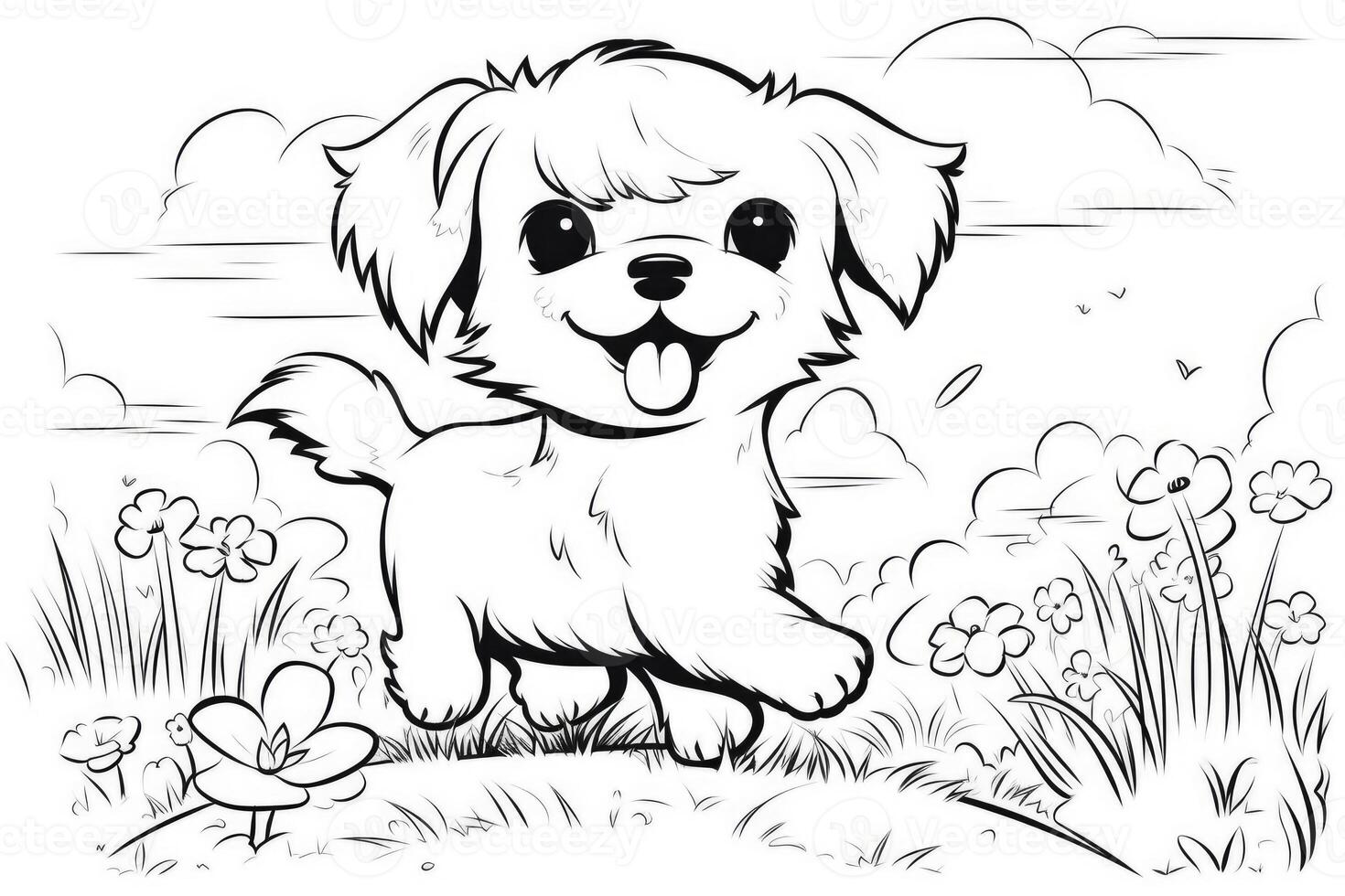 Coloring page outline of cartoon cute little puppy dog. illustration coloring book for kids. photo