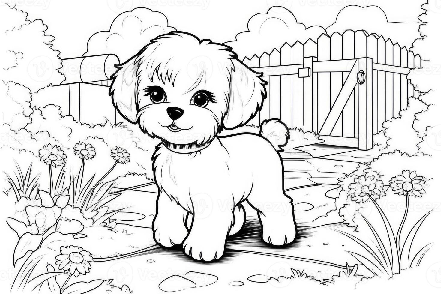 Coloring page outline of cartoon cute little puppy dog. illustration coloring book for kids. photo