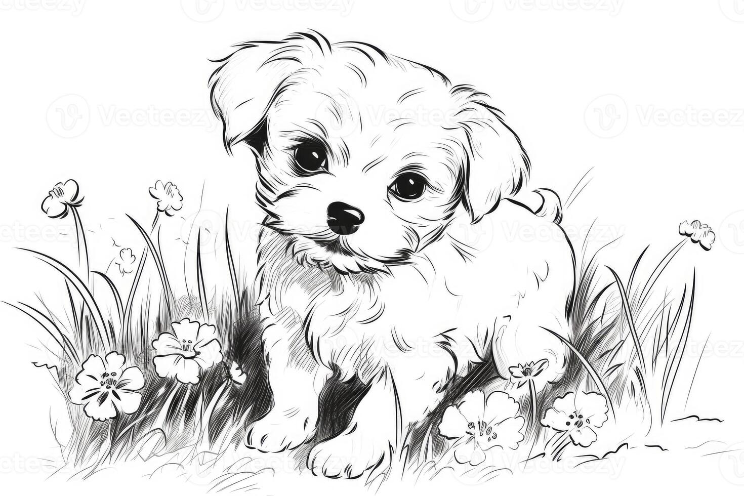 Coloring page outline of cartoon cute little puppy dog. illustration coloring book for kids. photo