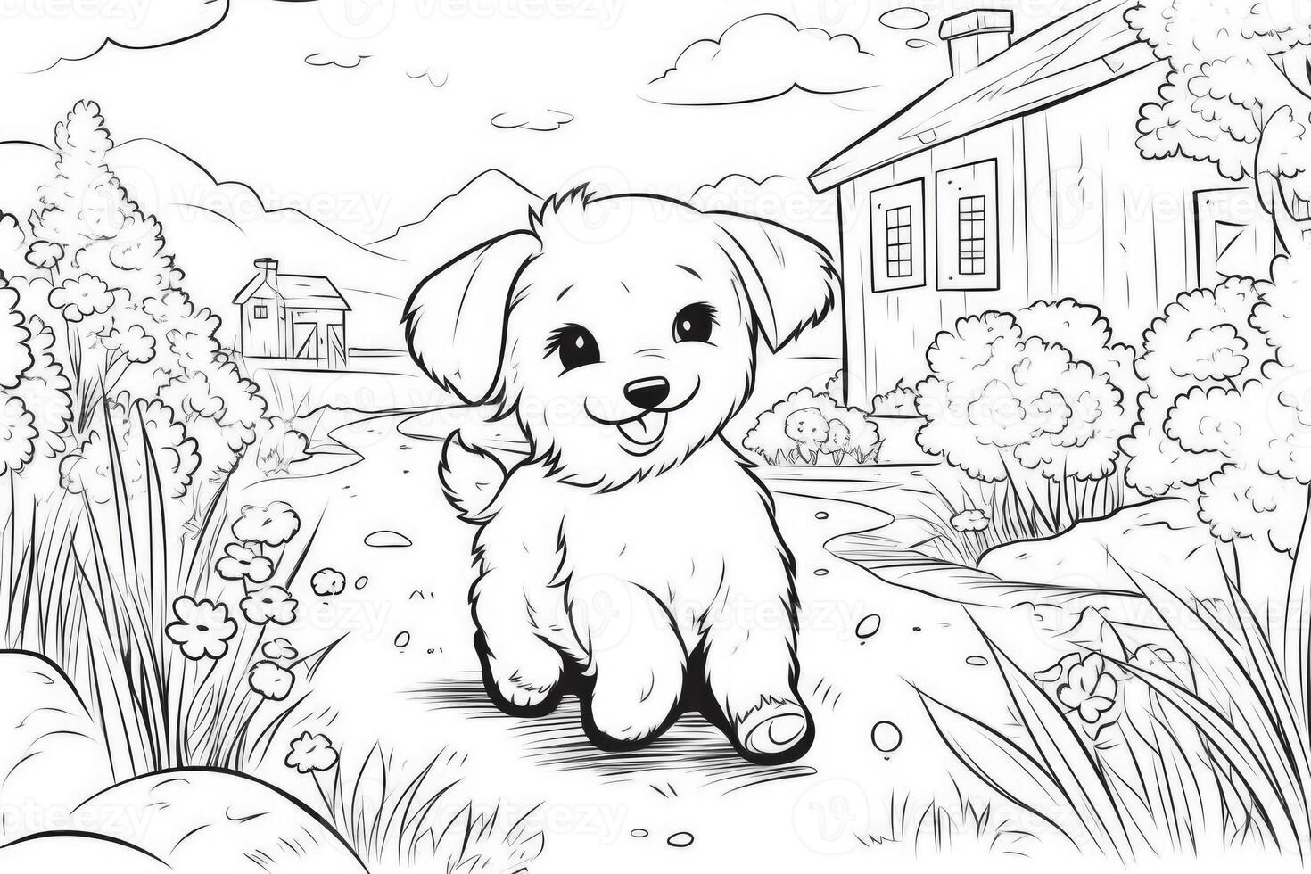 Coloring page outline of cartoon cute little puppy dog. illustration coloring book for kids. photo