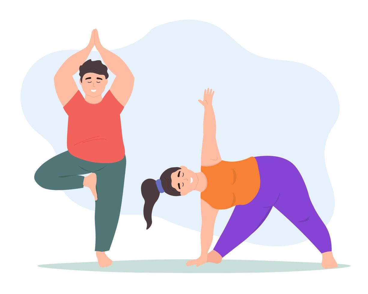 Fat people do exercises, yoga, meditation. The couple is struggling with excess weight, monitors health. Vector graphics.