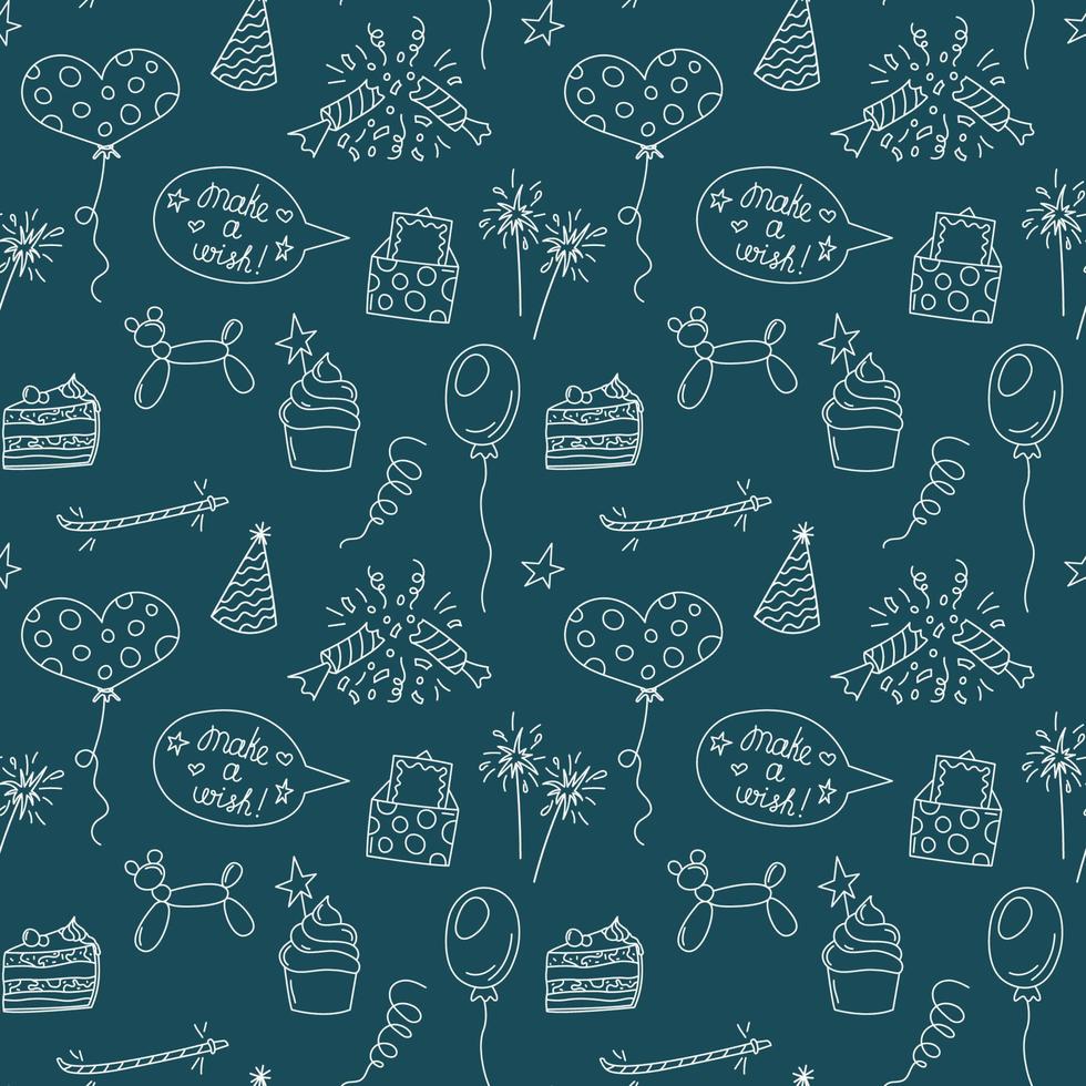 Birthday doodles pattern. Seamless vector background with bday elements. Cute kid pattern