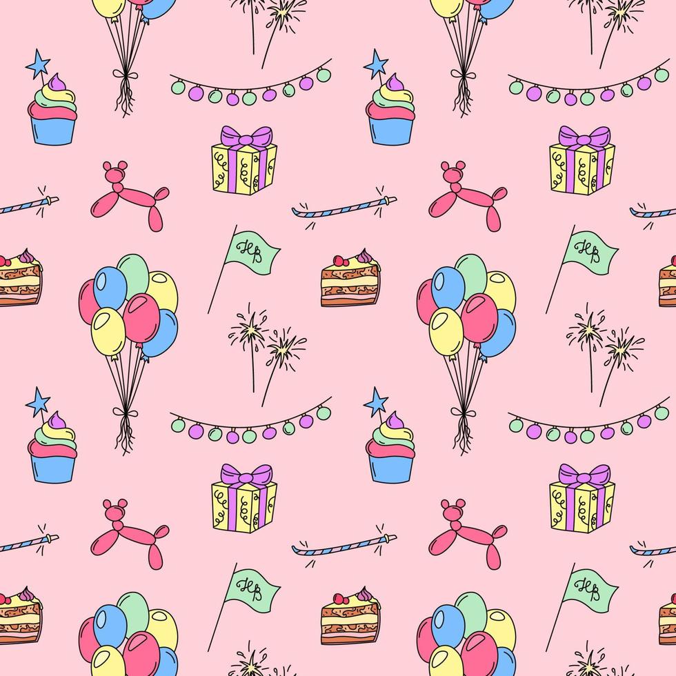 Birthday party pattern. Seamless vector background with funny colorful bday doodles. Hand drawn kid birthday repeat illustration