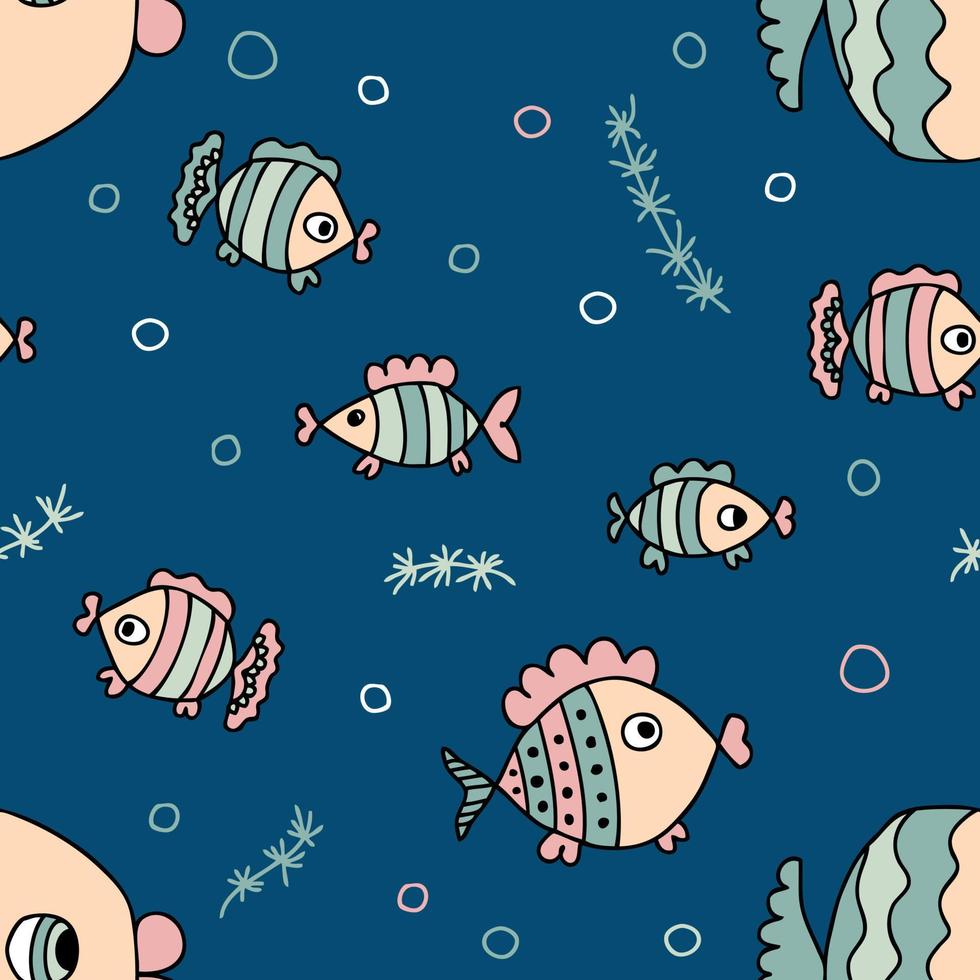 Doodle cute sea fishes seamless pattern. Perfect print for tee, textile, paper and fabric. vector