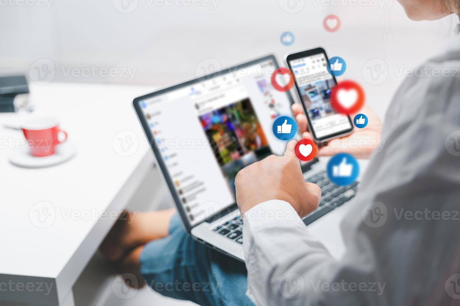 Business woman using digital smart phone, Social media concept. Person hand touching smartphone screen chatting in online app. Women use online media networks for marketing. Social media day. photo