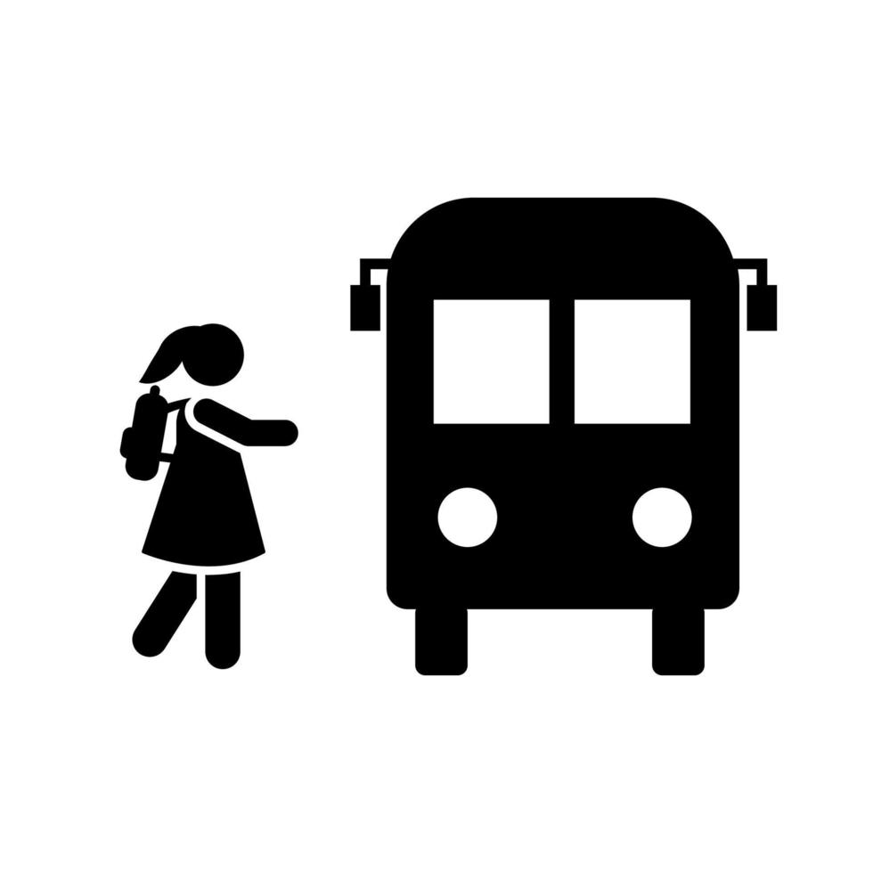 niña estudiante Vamos autobús colegio pictograma vector icono