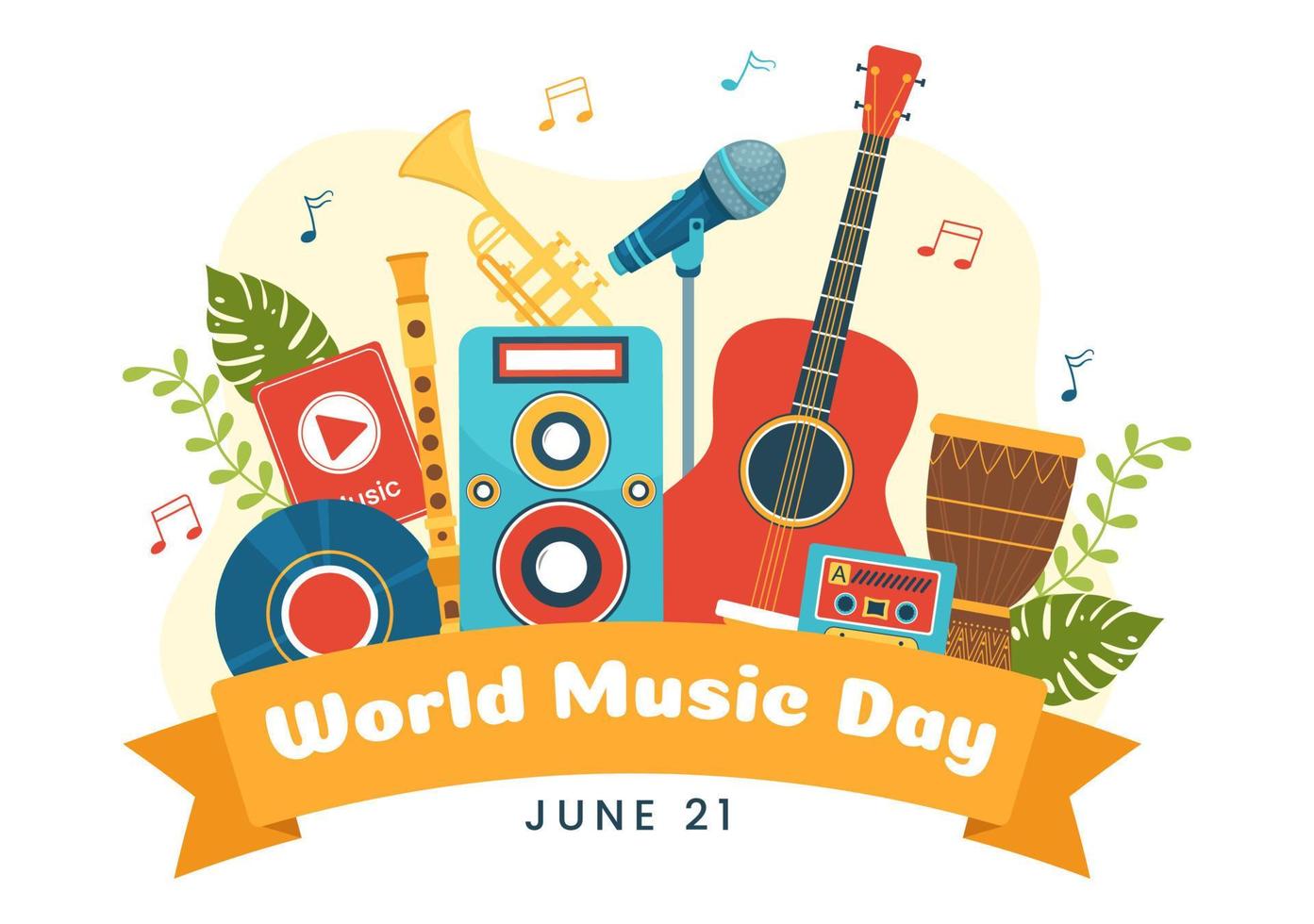 World Music Day Illustration with Various Musical Instruments and Notes in Flat Cartoon Hand Drawn for Publication Poster or Landing Page Templates vector