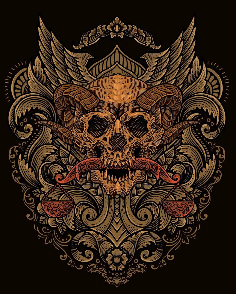 ilustración demonio esqueleto poco el escamas con Clásico grabado ornamento en el espalda Perfecto para tu negocio y mercancías vector