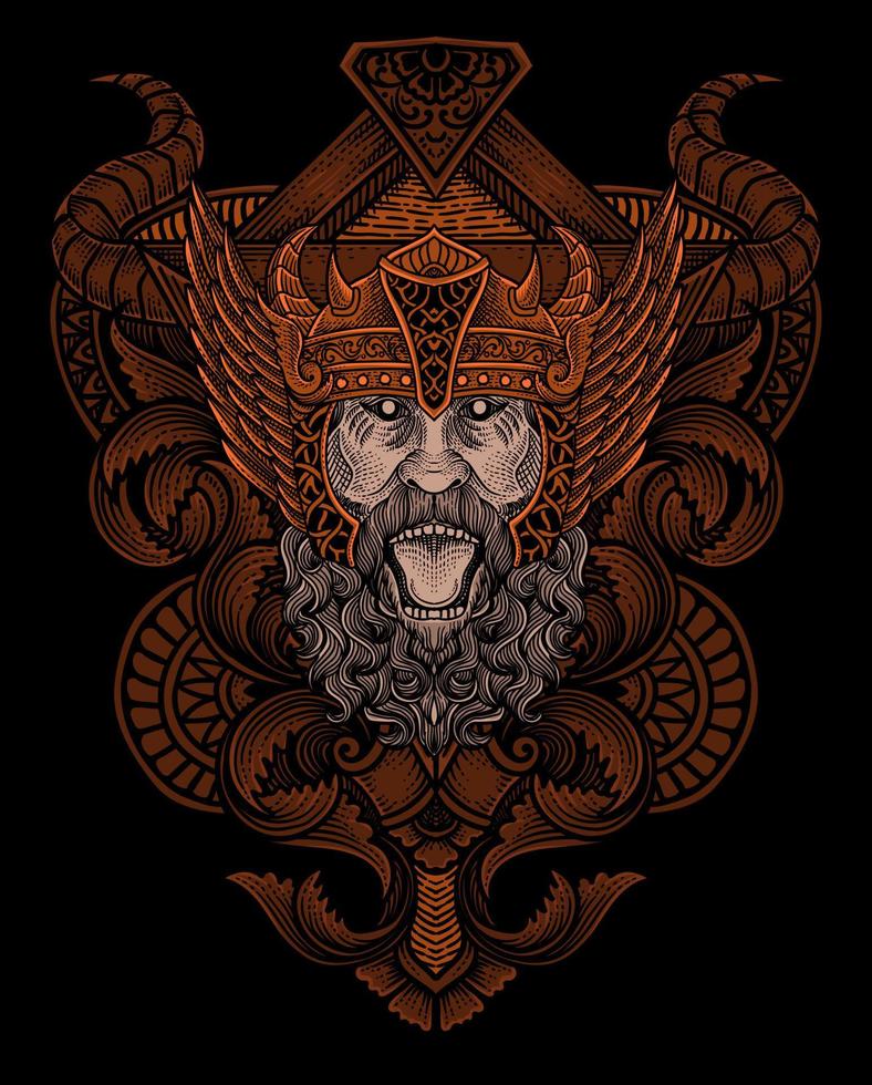 ilustración de enojado vikingo cabeza con Clásico grabado ornamento en espalda Perfecto para tu negocio y mercancías vector