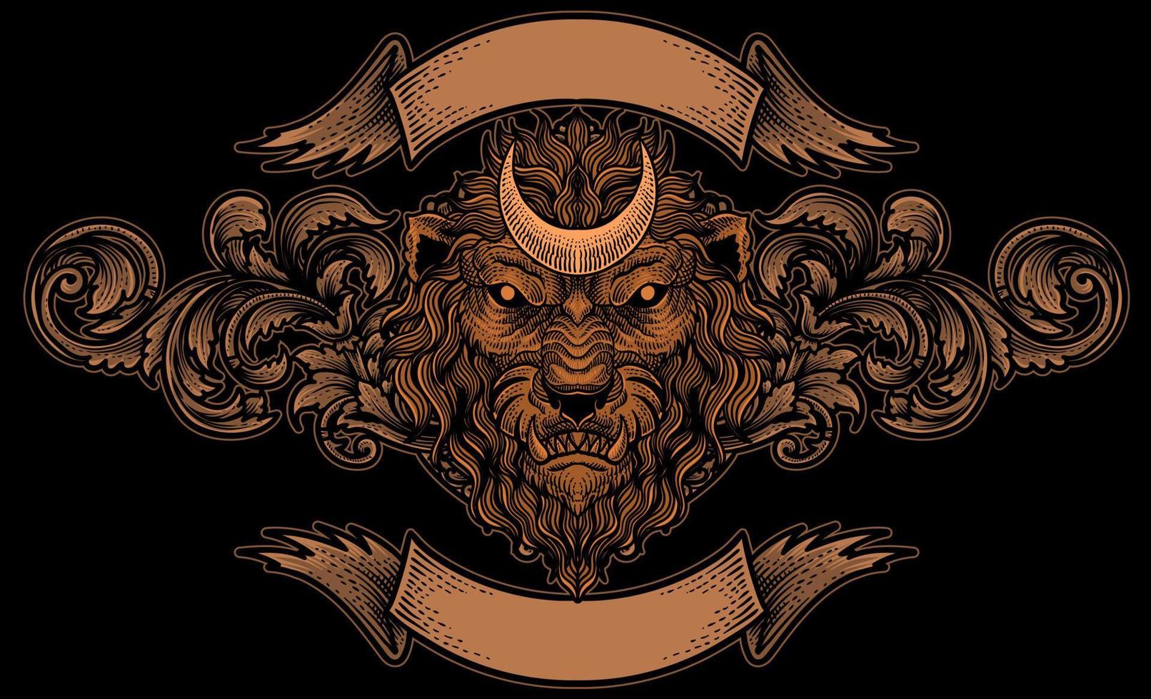 Illustration of lion head with vintage engraving ornament in back perfect for your business and Merchandise vector