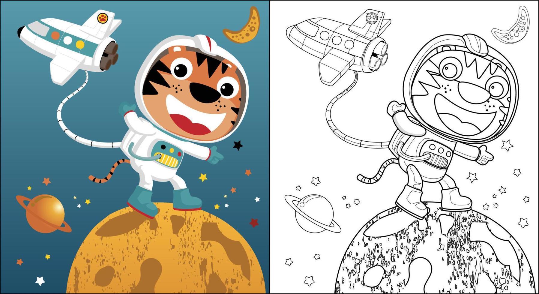 Funny tiger cartoon  in astronaut costume with shuttle, space element illustration, coloring book or page vector