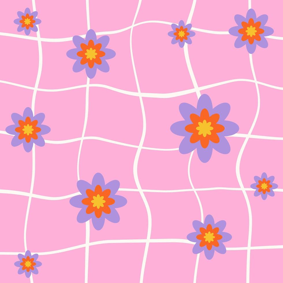 Cute retro groovy flowers. 1970s vintage Abstract flowers pattern groovy trippy on pink distorted checkered background. Trippy Grid, Wavy Swirl Pattern. Hippie Aesthetic. Vector Illustration