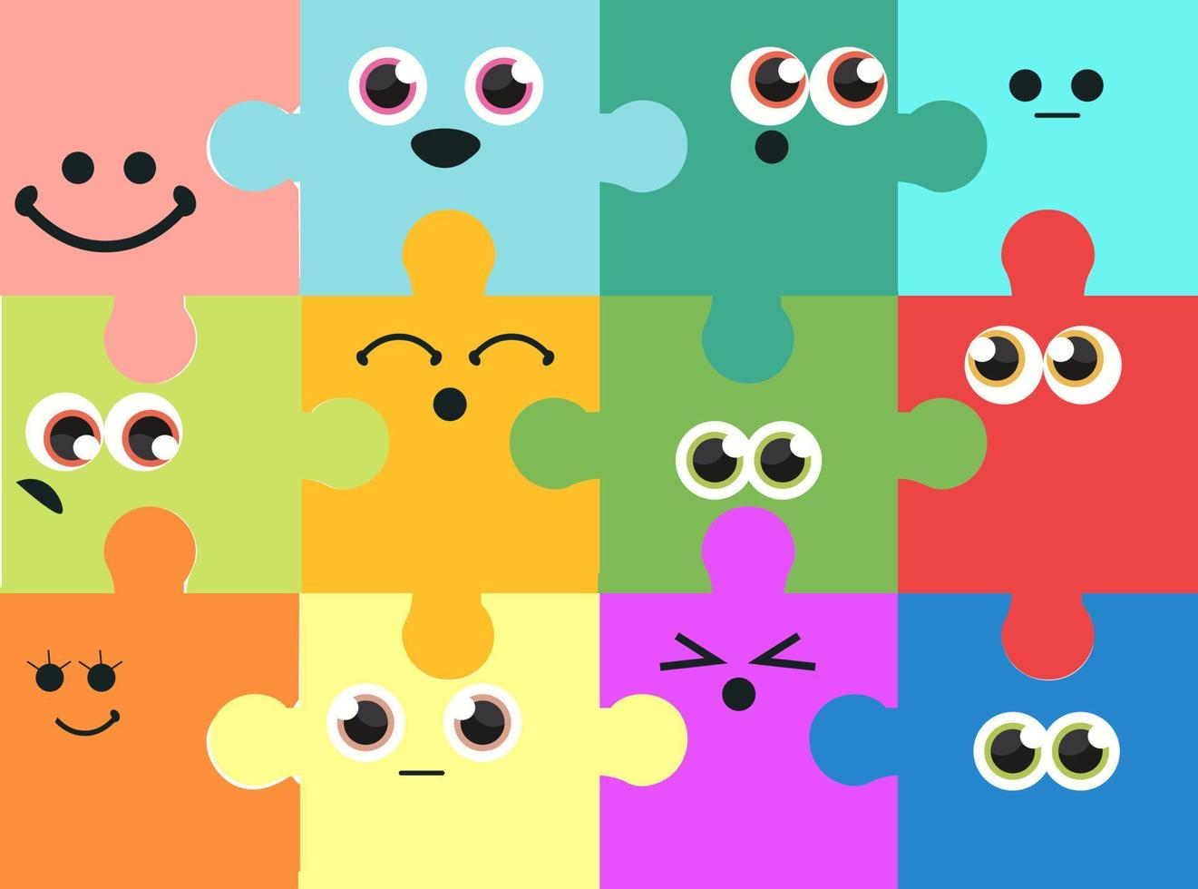 Abstract Puzzles with Faces. Various Emotions. Different colored characters. Cartoon style. Flat design with eyes trendy Vector illustration. Poster or print template Abstract Puzzles with Faces