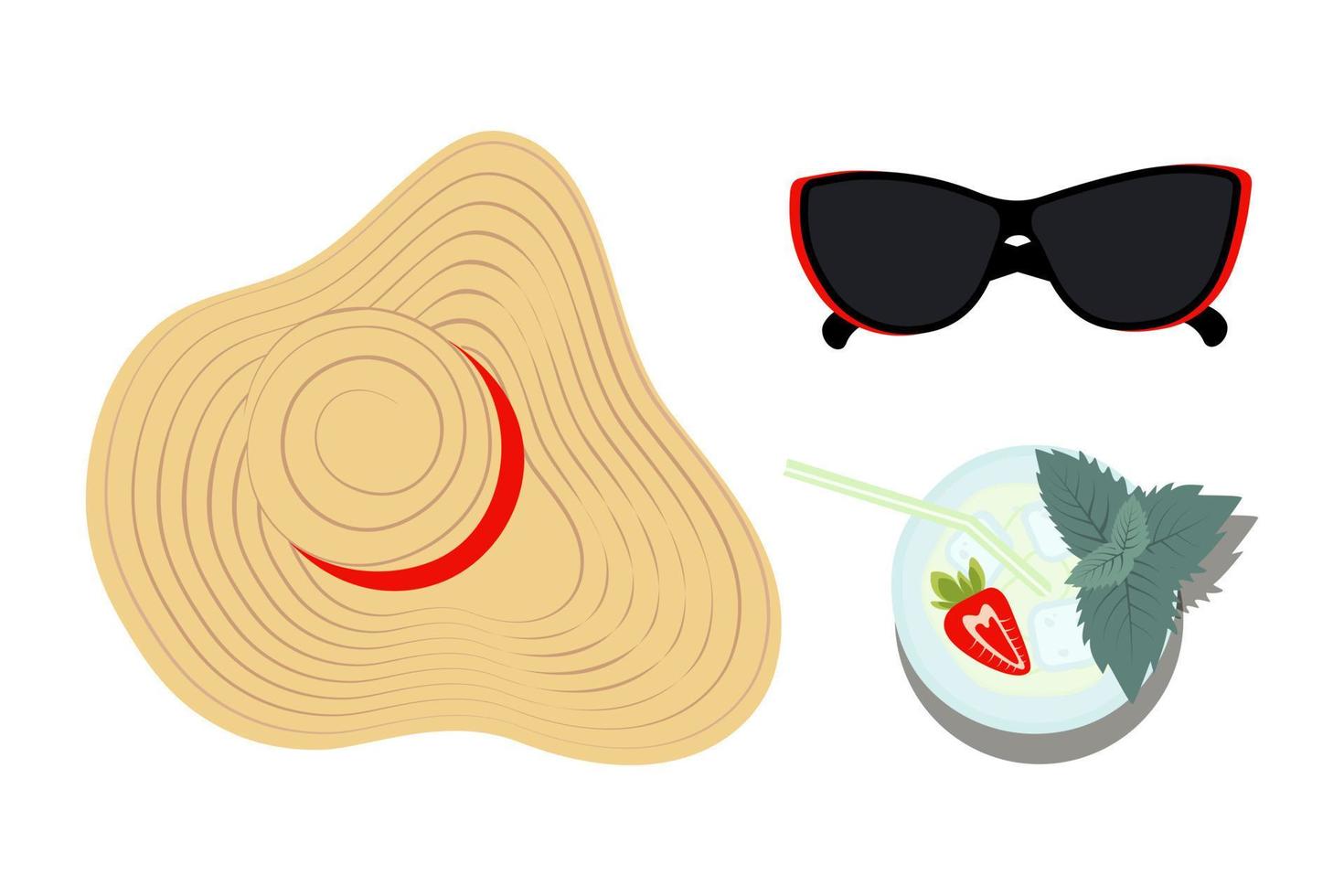 amplio rebosante sombrero con cinta, menta y fresa mojito cóctel y rojo bordeado Gafas de sol. aislar vector