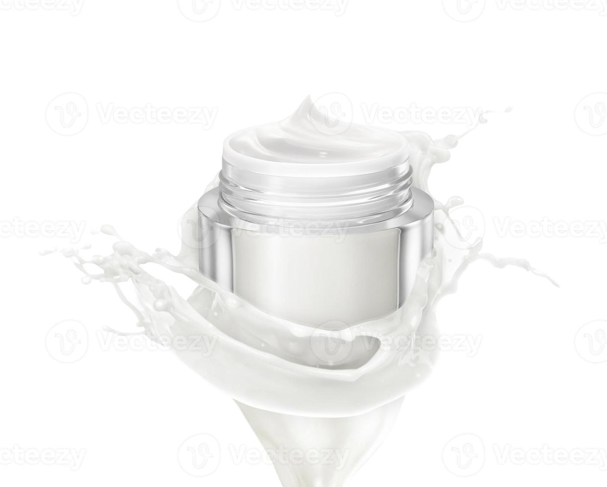 Cosmetic or lotion packaging on milk splashes surrounded isolated on white photo