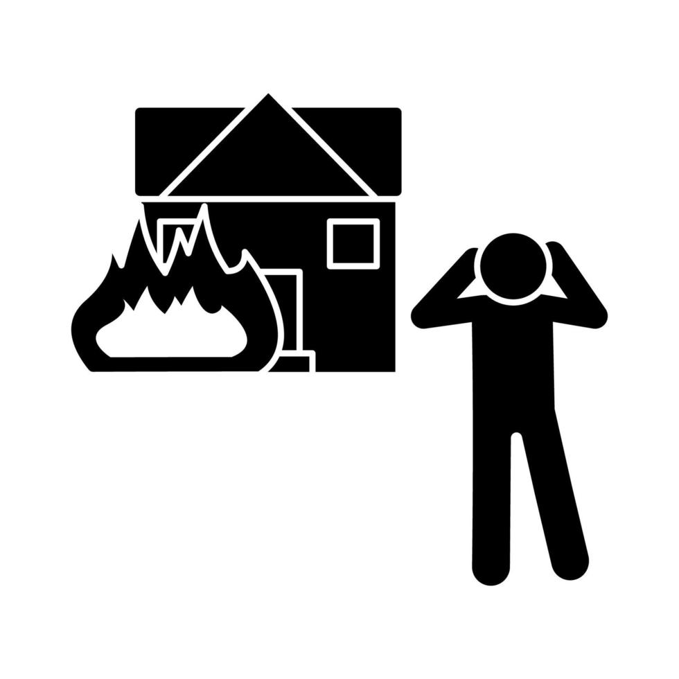 Home in fire, man vector icon
