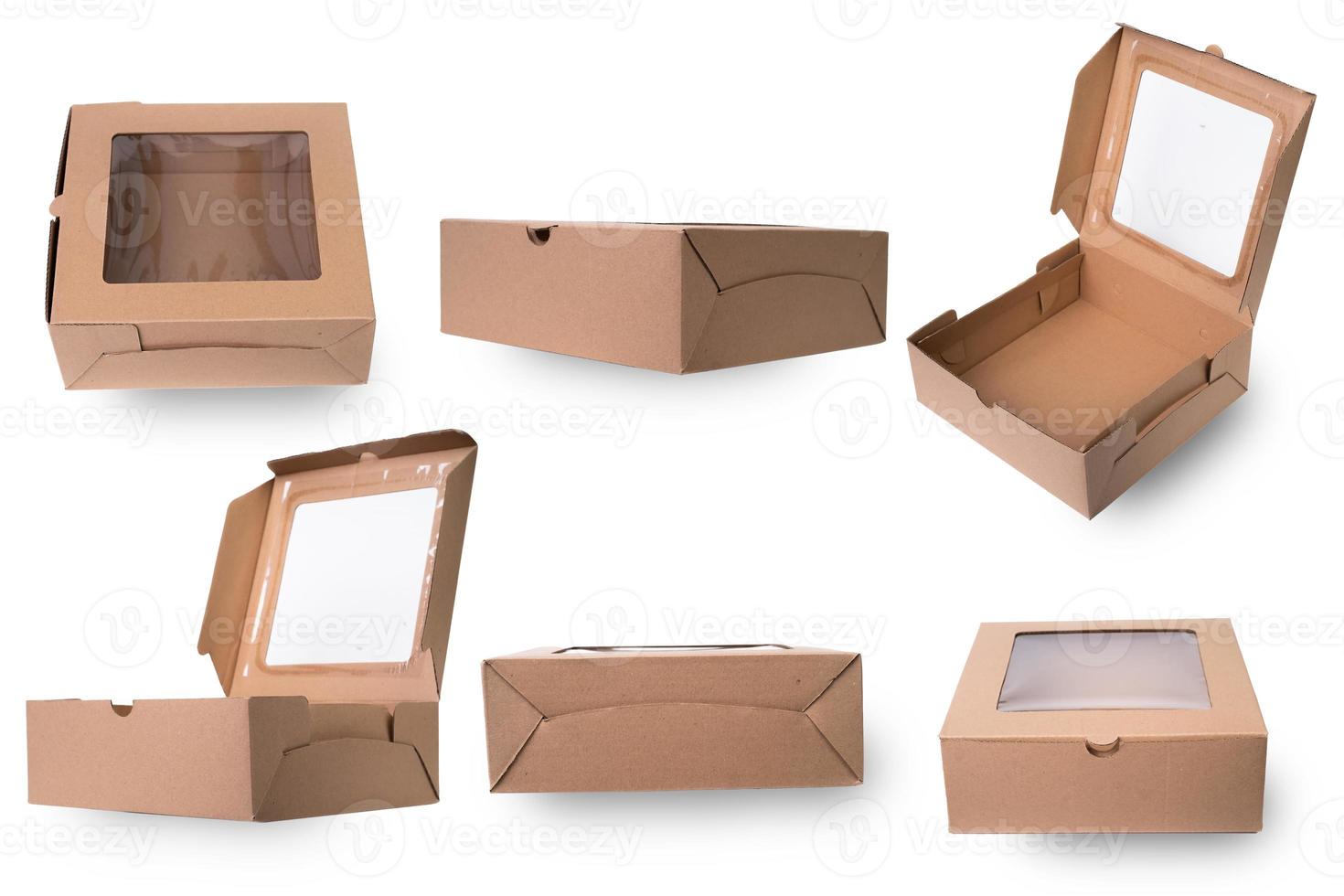 Various cardboard boxes for fast food isolated on white background. Recyclable cardboard boxes for various foods. photo