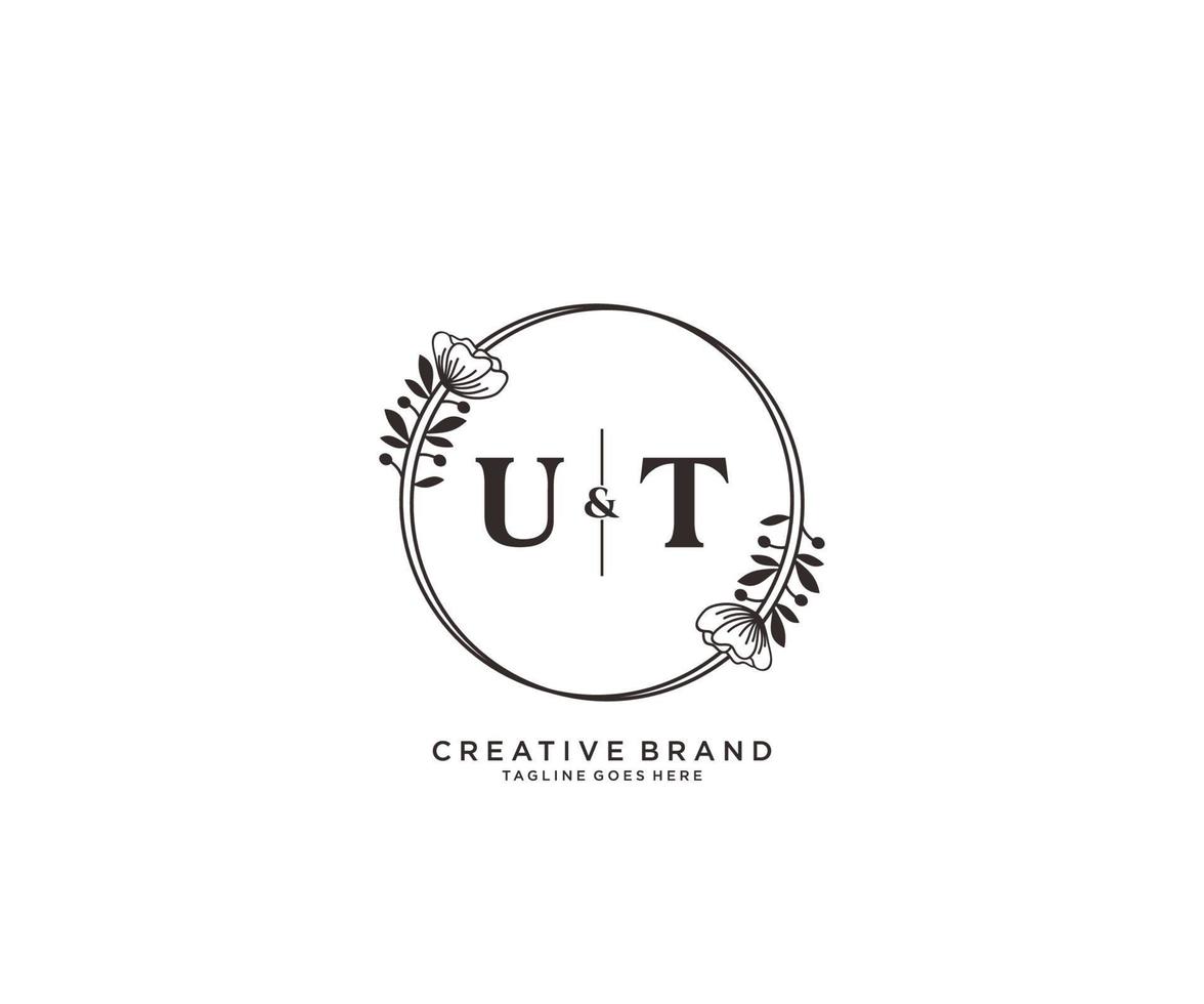 initial UT letters hand drawn feminine and floral botanical logo suitable for spa salon skin hair beauty boutique and cosmetic company. vector