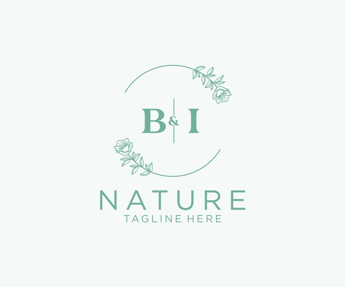 initial BI letters Botanical feminine logo template floral, editable premade monoline logo suitable, Luxury feminine wedding branding, corporate. vector