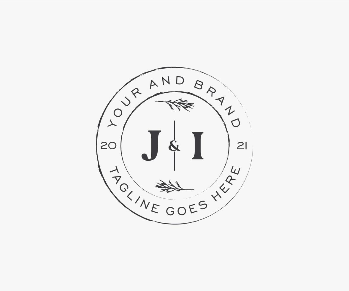 initial JI letters floral frames. Botanical feminine editable premade monoline unique decoration for greeting card, wedding invitation. vector