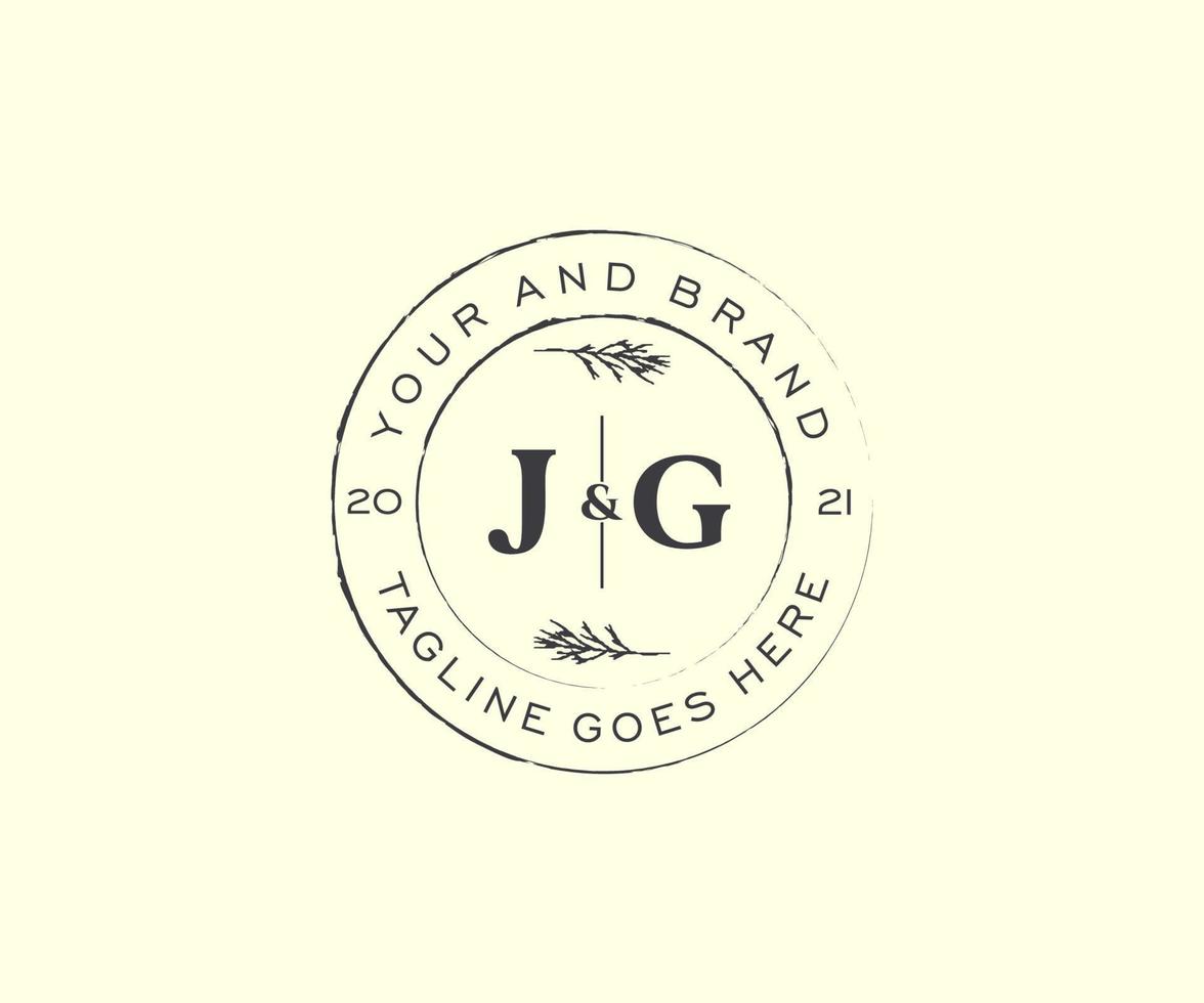 initial JG letters floral frames. Botanical feminine editable premade monoline unique decoration for greeting card, wedding invitation. vector