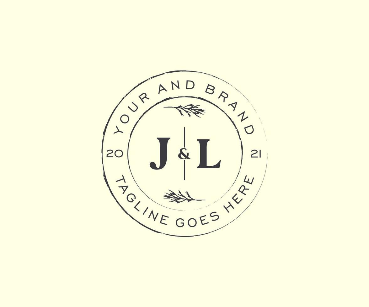 initial JL letters floral frames. Botanical feminine editable premade monoline unique decoration for greeting card, wedding invitation. vector