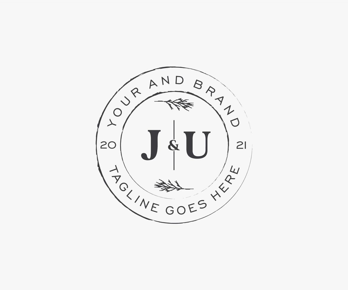 initial JU letters floral frames. Botanical feminine editable premade monoline unique decoration for greeting card, wedding invitation. vector