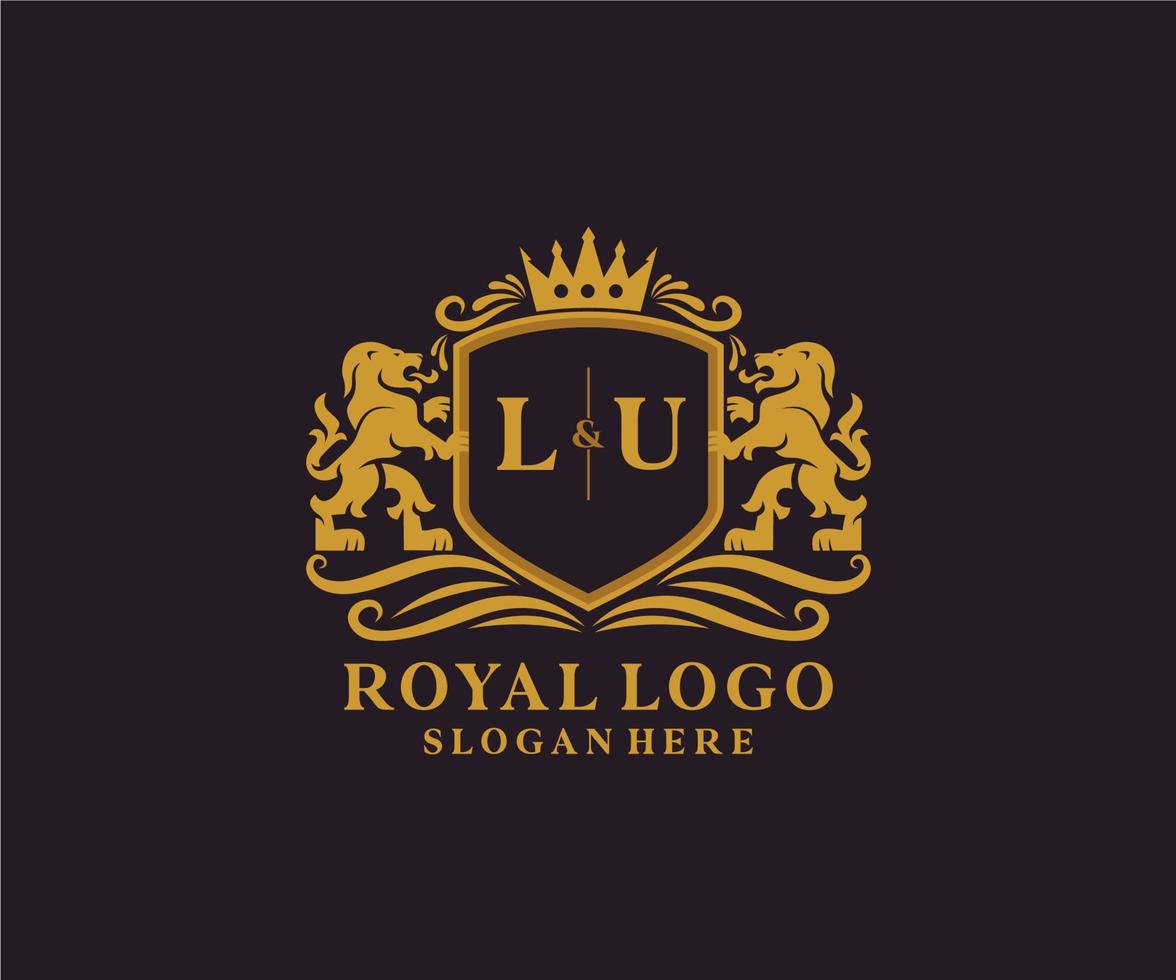 Initial LU Letter Lion Royal Luxury Logo template in vector art for Restaurant, Royalty, Boutique, Cafe, Hotel, Heraldic, Jewelry, Fashion and other vector illustration.