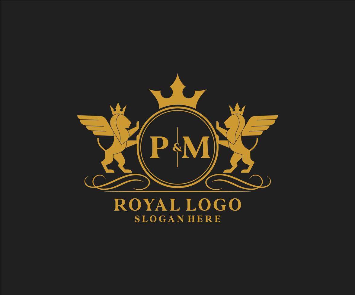 Initial PM Letter Lion Royal Luxury Heraldic,Crest Logo template in vector art for Restaurant, Royalty, Boutique, Cafe, Hotel, Heraldic, Jewelry, Fashion and other vector illustration.