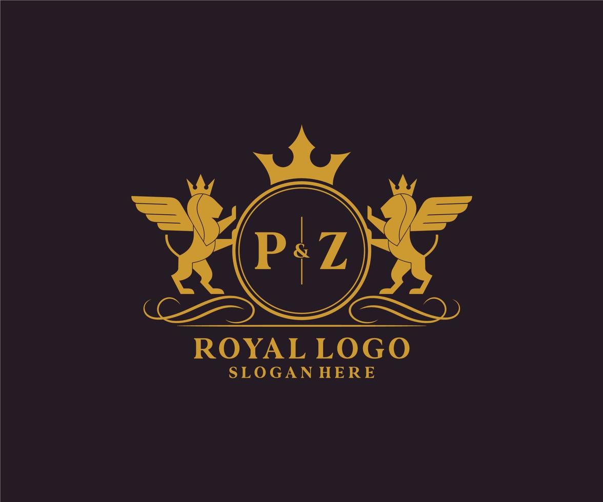 Initial PZ Letter Lion Royal Luxury Heraldic,Crest Logo template in vector art for Restaurant, Royalty, Boutique, Cafe, Hotel, Heraldic, Jewelry, Fashion and other vector illustration.