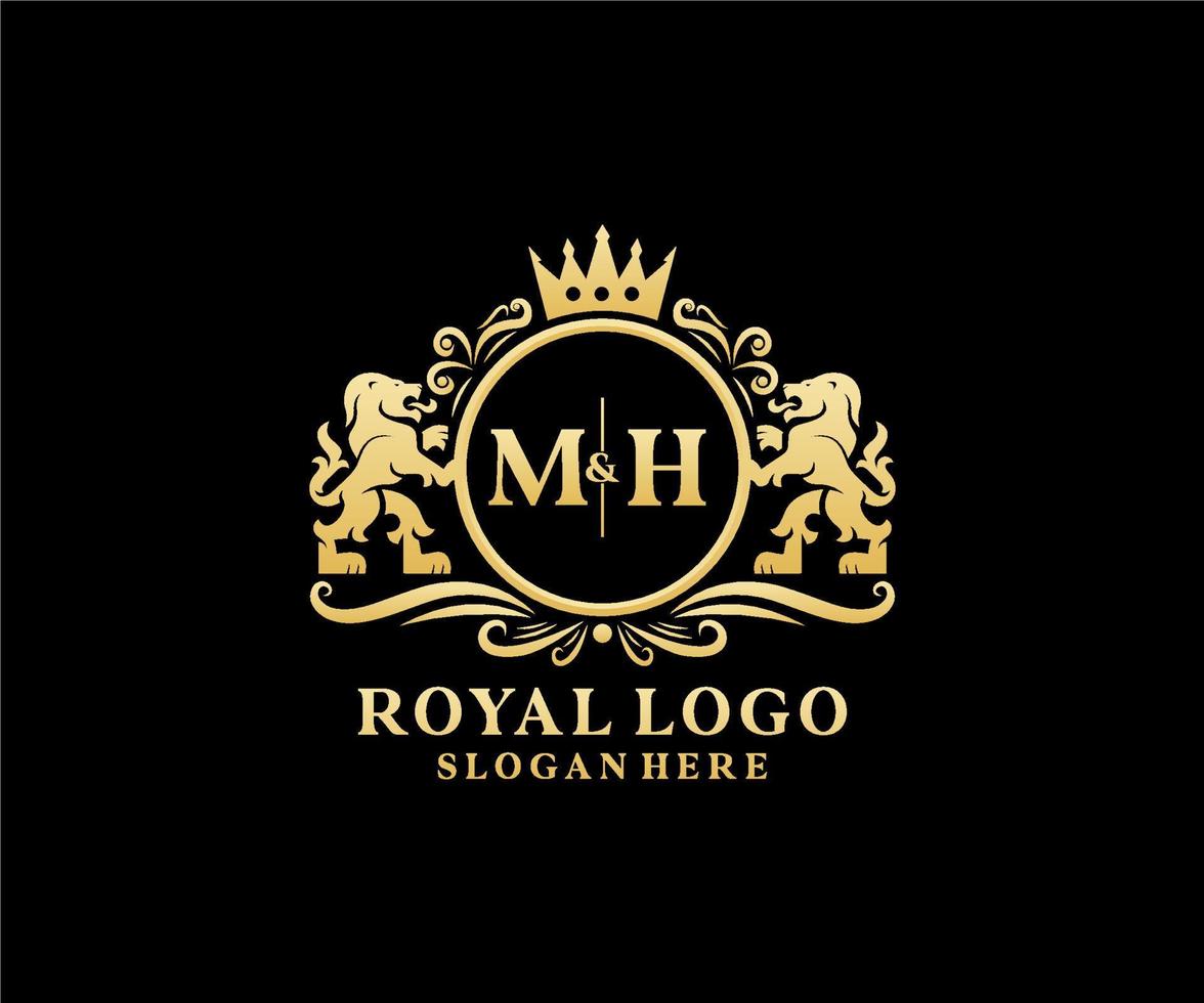 plantilla de logotipo de lujo real de león de letra mh inicial en arte vectorial para restaurante, realeza, boutique, cafetería, hotel, heráldica, joyería, moda y otras ilustraciones vectoriales. vector